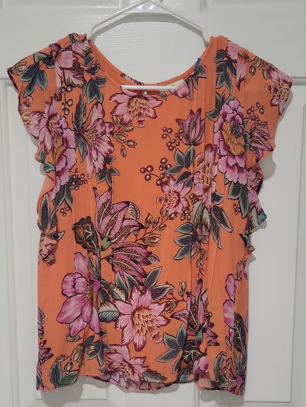 Anthropologie Orange Floral Ruffle Sleeve Blouse